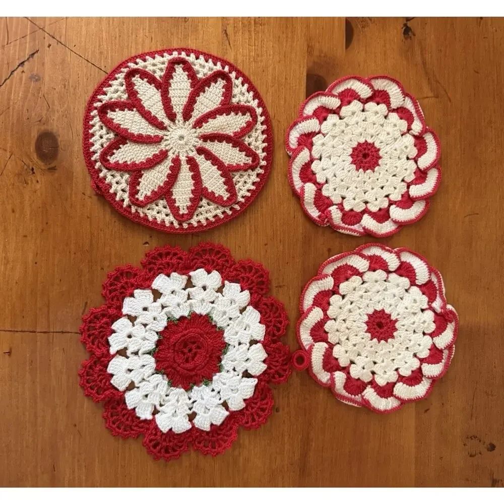 Vintage Red & White Crochet Potholders Coasters Floral Handmade Set of 4